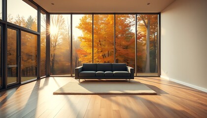 Wall Mural - A spacious, minimalist living room with large floor-to-ceiling windows overlooking a landscape of trees with golden, red, and orange leaves.