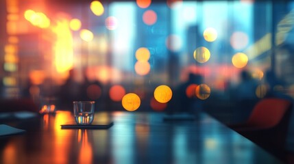 Poster - A blurred view of a modern workspace with ambient lighting and a glass of water on a table.