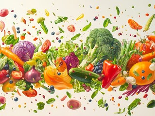 Vibrant Explosion of Fresh Vegetables and Fruits, Illustrating the Importance of Nutrient Absorption for a Healthy Lifestyle