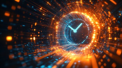 Poster - Digital clock and time machine, symbolizing time travel through a futuristic portal. Sci-fi concept with glowing lights and space.