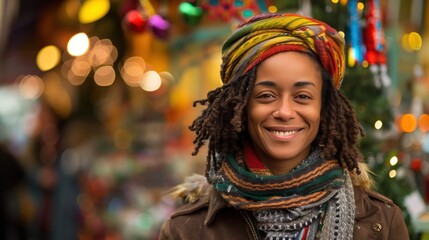 A happy Black woman embodies the spirit of Kwanzaa amidst colorful decorations and holiday cheer