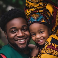 A happy Black man, woman, and child share a warm moment during their Kwanzaa celebration