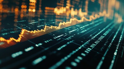 Poster - Financial chart with sharp upward trend line, representing stock market growth, investment profits, and trading success. Close-up with digital effect.