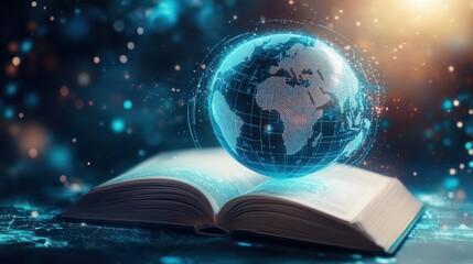 Poster - Futuristic concept of global education with an open book and digital globe map, highlighting literacy and learning in a connected world, blue background