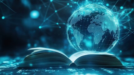Poster - Futuristic concept of global education with an open book and digital globe map, highlighting literacy and learning in a connected world, blue background
