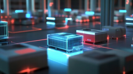 Poster - Futuristic warehouse management system using AR to display package tracking and delivery information, revolutionizing logistics in supply chains.