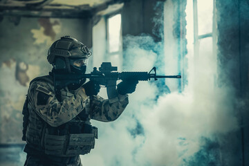 Portrait of airsoft player in professional equipment with machine gun in abandoned ruined building. Soldier with weapons at war in smoke and fog