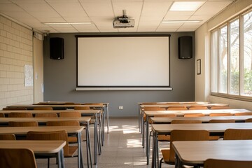 Beige and gray classroom interior with projection screen, Generative AI