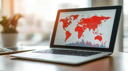 Poster - Laptop showing world economic growth trends with a red warning, businessman assessing investment risks and the impact of global financial instability.