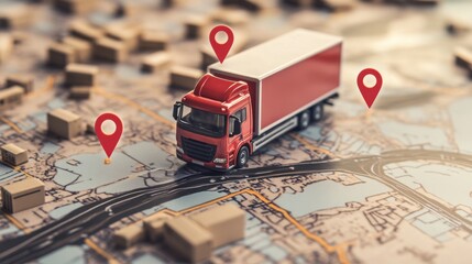 Poster - Moving truck on a map with GPS markers tracking its delivery route, visualizing logistics efficiency in modern business distribution.