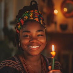 A Black woman beams with happiness while celebrating Kwanzaa, holding a lit candle