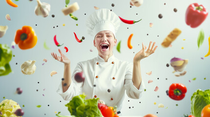 Wall Mural - a chef in a white uniform joyfully throws fresh vegetables into the air, creating a lively kitchen e