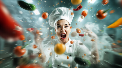 Wall Mural - in a dynamic kitchen environment, a chef enthusiastically throws various vibrant vegetables into the