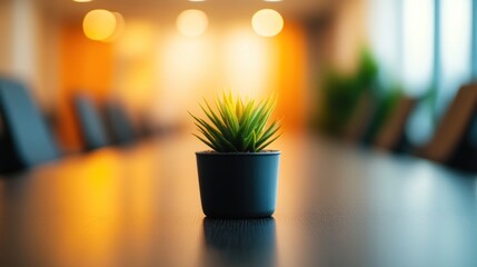 Poster - A small potted plant on a conference table in a softly lit office environment.