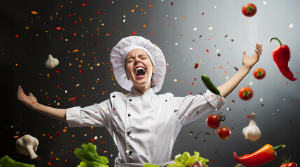 Wall Mural - a chef, wearing a traditional hat and white uniform, joyfully expresses excitement in a kitchen full