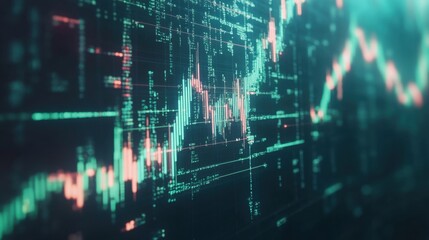 Poster - Stock market data visualization with candlestick graph, green upward trend, and digital lines representing financial growth and investment gains.
