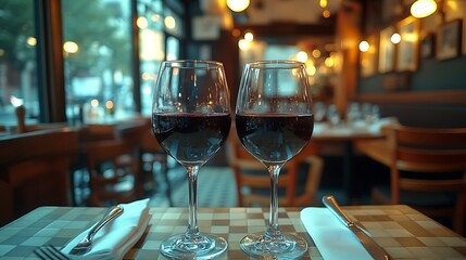 Two glasses of red wine on a checkered tablecloth in a dimly lit restaurant.