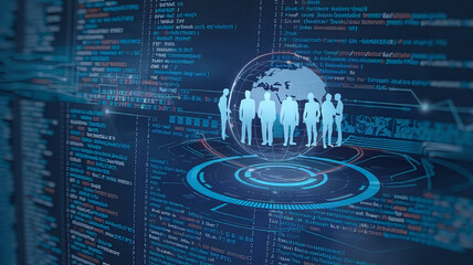 illustration of a data analysis tool with an illustration of the globe and silhouettes of businessmen against the background of a computer program code, high technology,