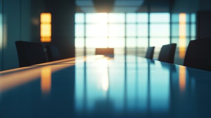 Poster - A sunlit conference room with a reflective table and chairs, suggesting a business meeting.