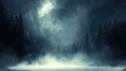Poster - Thick floor mist with a smoky haze hovering above, blending into the night sky, creating an ominous atmosphere with a magical or horror vibe.