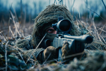 Special forces sniper soldier wearing ghillie suit laying on ground hiding with sniper gun