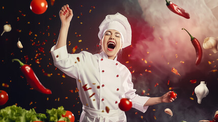 Wall Mural - a chef in a white uniform joyfully celebrates while tossing fresh vegetables and herbs into the air 