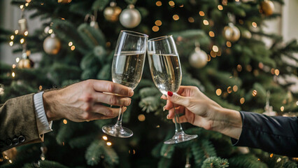 Celebratory champagne toast. Friends with glasses of champagne alcohol. Summer office party. Social event celebration outdoors. Hands holding glasses of Prosecco