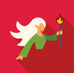 Wall Mural - Flat design vector illustration of a blonde woman holding a torch, isolated on a red background with a long shadow