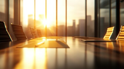 Poster - A sunlit conference room with a long table and chairs, suggesting a business meeting atmosphere.