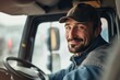 © Pete - Happy truck driver sits in driver seat of large truck parked on road. Man wears blue jacket, baseball cap, and smiles at camera. Traffic light visible in background.