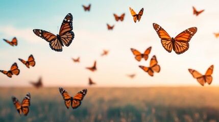 a swarm of monarch butterflies flying across a vast open field during their migration