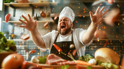 Wall Mural - a chef enthusiastically throws fresh ingredients into the air, showcasing his passion for cooking in