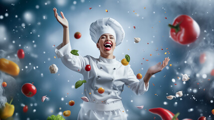 Wall Mural - a cheerful chef wearing a traditional white uniform and hat joyfully engages with flying vegetables 