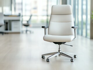 Stylish white office chair positioned in a modern workspace with large windows, ideal for contemporary interiors.