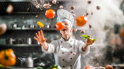 Wall Mural - a chef in a busy kitchen is energetically tossing various fresh ingredients into the air while prepa
