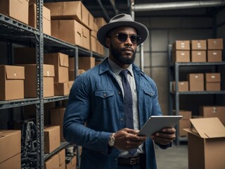 Middle-aged Black man with short dark hair wearing blue denim jacket, black hat, and sunglasses, standing in warehouse setting with shelves of boxes in background