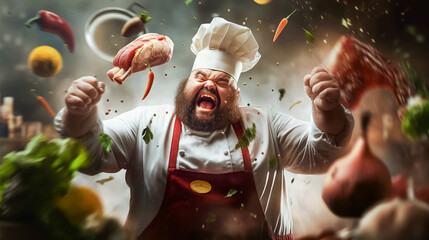 Wall Mural - a chef intensely prepares a meal in a lively kitchen, surrounded by flying vegetables, meats, and sp