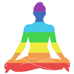 Wall Mural - Vector illustration of rainbow silhouette of woman practicing meditation in padmasana yoga pose. Yoga meditation workout. Yoga girl icons for healthy life conception.