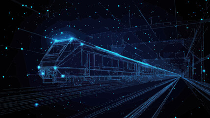 Poster - Abstract Polygonal Wireframe Modern Train at Railway Station | Digital Vector Mesh Starry Sky Rapid Transit System | Transportation Railway Logistics Concept