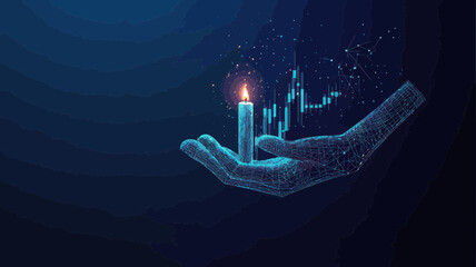 Poster - Abstract Polylined Hand Holding Candlestick with Stock Market Graph and 3D Effect for Investment and Financial Market Concept