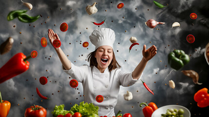 Wall Mural - A chef joyfully embraces the chaos of cooking as colorful vegetables and herbs are propelled around her, creating an energetic and inspiring atmosphere