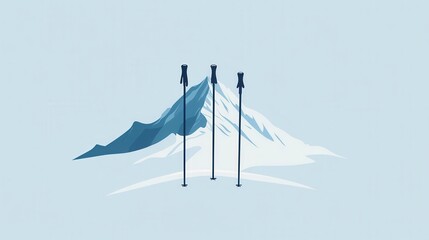 Poster - The design illustrates three ski poles standing tall in front of a stylized snow-covered mountain, emphasizing winter sports. Generative AI