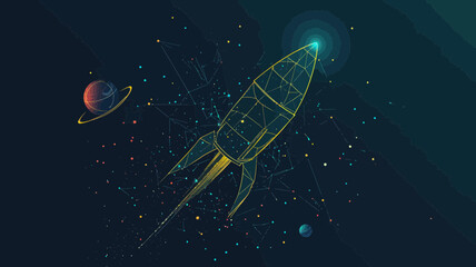 Poster - Abstract Vector Rocket Launch in Starry Space Universe with Planets and Stars in Minimalist Geometric Style for Business and Technology Concepts