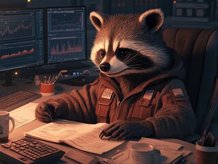 Raccoon working at a desk with computer screens