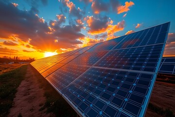 Solar panels basking in the sunset glow at a renewable energy farm in a rural area