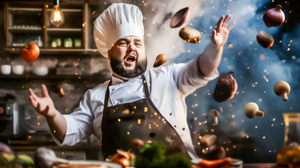 Wall Mural - in a vibrant kitchen, a chef full of enthusiasm throws fresh vegetables and herbs into the air, crea