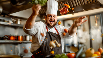 Wall Mural - a chef enthusiastically throws various ingredients into the air, showcasing his excitement for cooki