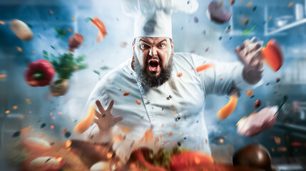 A chef in a white uniform passionately throws various vegetables and meats into the air, creating a dynamic culinary atmosphere in a vibrant kitchen filled with excitement