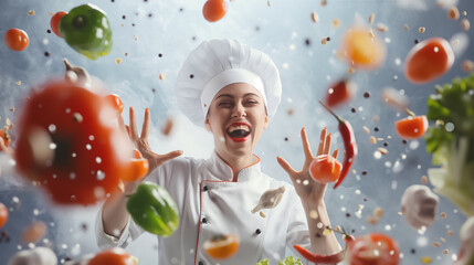 Wall Mural - a cheerful chef enthusiastically tosses various colorful vegetables into the air, creating a lively 