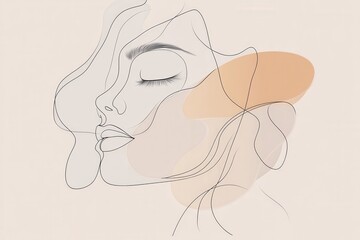 Leinwandbilder - The artwork showcases a graceful outline of a woman's face made with flowing lines, accented by gentle, organic shapes and soft colors. Generative AI